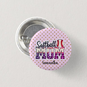 Aangepaste naam Softball mama Roze en goudpokken Ronde Button 3,2 Cm