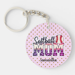 Aangepaste naam Softball mama Roze en goudpokken Sleutelhanger