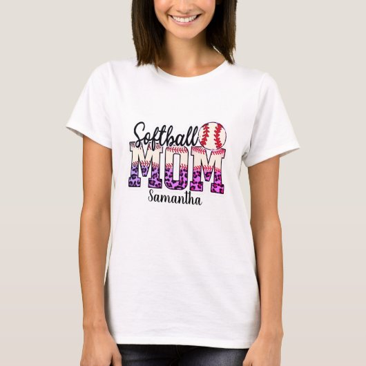 Aangepaste naam Softball mama | Roze en goudpokken T-shirt (Voorkant)