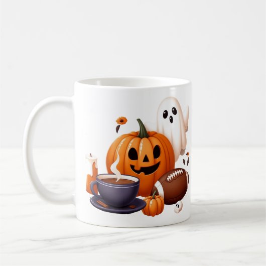 Aangepaste naam spooky Halloween ghost, football Koffiemok (Links)