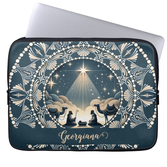 Aangepaste naam Star of Wonder Nativity Dot Mandal Laptop Sleeve (Voorkant)