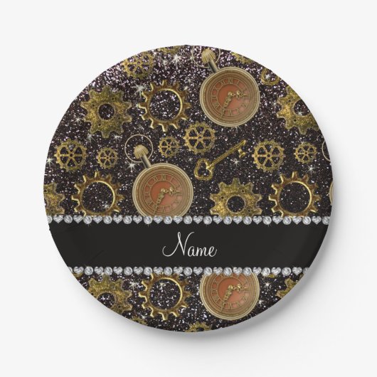 Aangepaste naam steampunk zwarte glitter papieren bordje (Voorkant)
