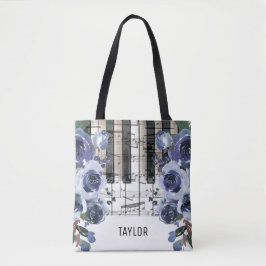 aangepaste naam stoffig blauwe bloemen muziek tote bag