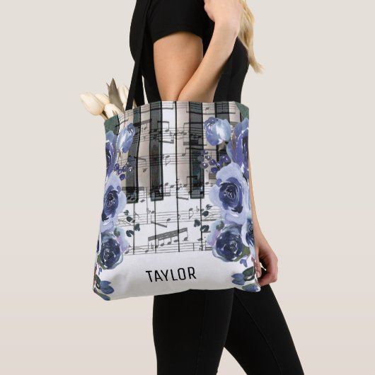aangepaste naam stoffig blauwe bloemen muziek tote bag (Dichtbij)