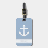 Aangepaste naam stoffig blauwe nautische bagagelabel (Voorkant verticaal)