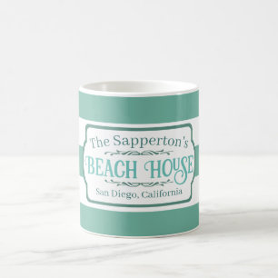 Aangepaste naam Strandhuis Teal Strepen Koffiemok