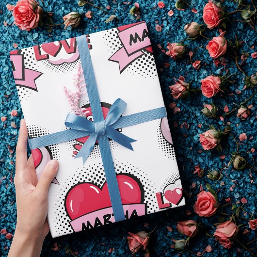 Aangepaste naam stripboek stijl hart geschenken cadeaupapier