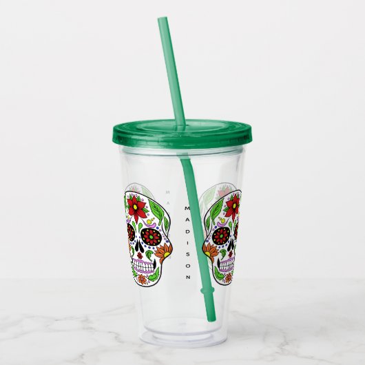 Aangepaste naam Sugar Skull tumblers Acryl Drinkbeker (Links)