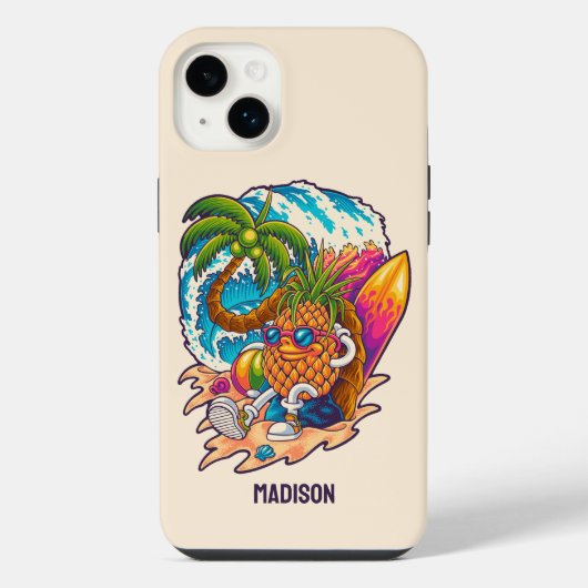 Aangepaste naam Surfende Ananas iPhone Hoesje (Achterkant)