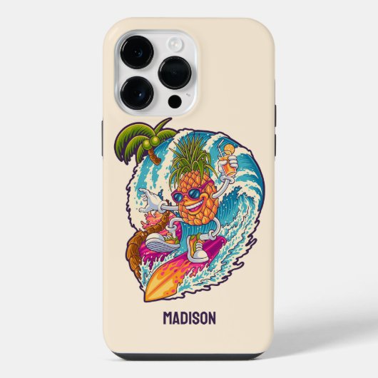 Aangepaste naam Surfende Ananas iPhone Hoesje (Achterkant)