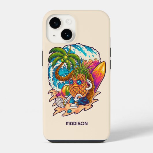 Aangepaste naam Surfende Ananas iPhone Hoesje (Achterkant)