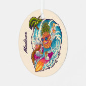 Aangepaste naam Surfende ananas Metalen Ornament (Voorkant links)