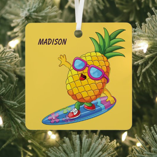 Aangepaste naam Surfende ananas Metalen Ornament (Insitu)