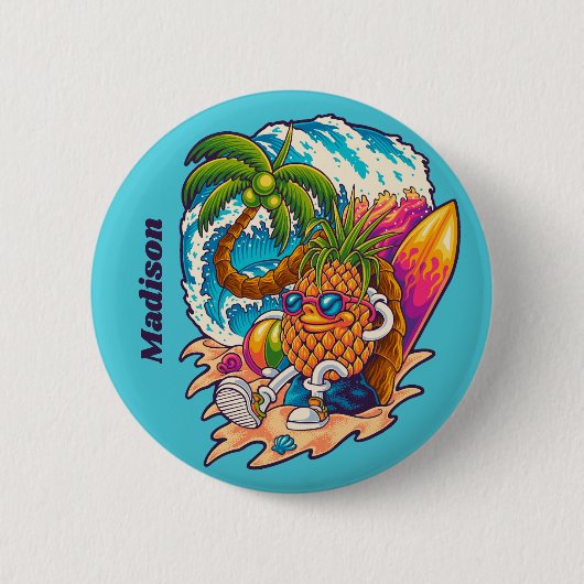 Aangepaste naam Surfende ananas Ronde Button 5,7 Cm (Voorkant)