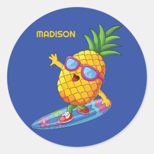 Aangepaste naam Surfende ananas Ronde Sticker