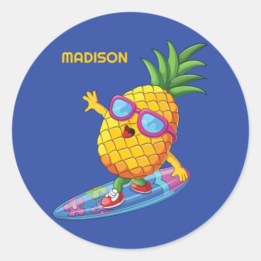 Aangepaste naam Surfende ananas Ronde Sticker (Voorkant)