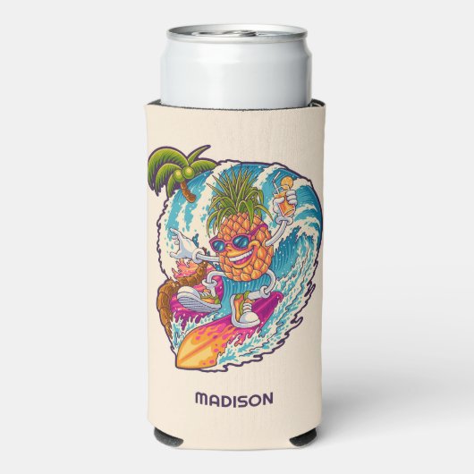 Aangepaste naam Surfende ananas Seltzer Blikjeskoeler (Seltzer Achterkant)