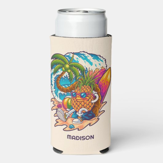 Aangepaste naam Surfende ananas Seltzer Blikjeskoeler (Seltzer Achterkant)