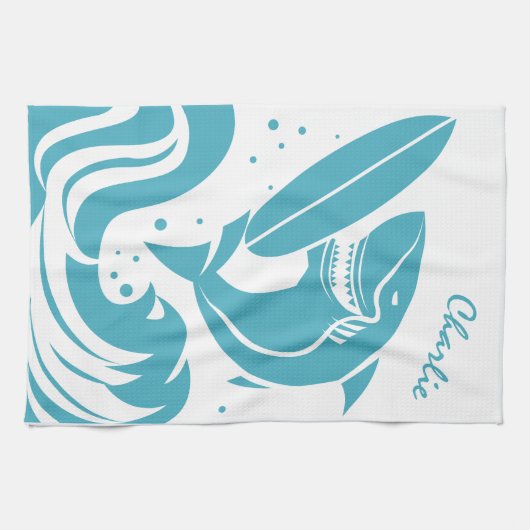 Aangepaste naam Surfer Shark keukenhanddoek (Horizontaal)