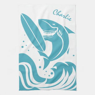 Aangepaste naam Surfer Shark keukenhanddoek