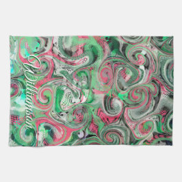 Aangepaste naam Swirl Green Red Whimsical Abstract Theedoek