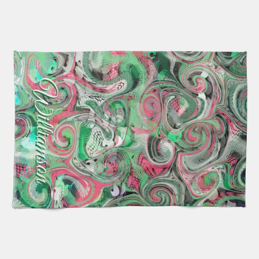 Aangepaste naam Swirl Green Red Whimsical Abstract Theedoek (Horizontaal)
