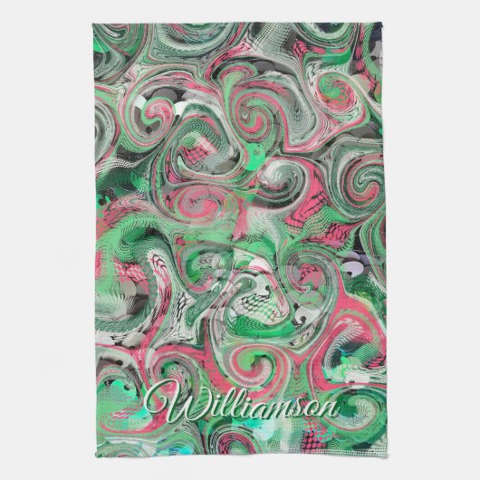 Aangepaste naam Swirl Green Red Whimsical Abstract Theedoek (Verticaal)