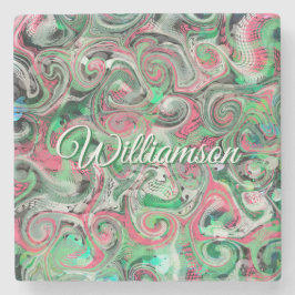 Aangepaste naam Swirl Whimsical Abstract Groen Roo Stenen Onderzetter