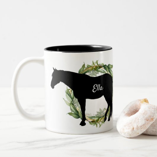 Aangepaste naam T voor speciale paardenrennen Tweekleurige Koffiemok (Met donut)