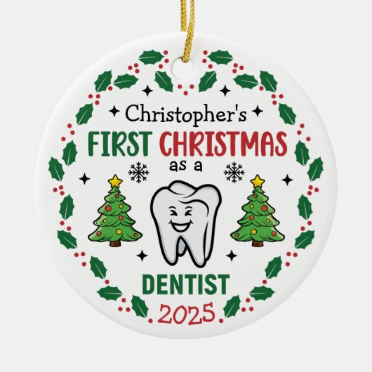 Aangepaste Naam Tandarts Eerste Kerstboom Rond Keramisch Ornament (Voorkant)