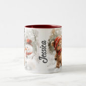 Aangepaste naam Teddy Bear and Snowman Tweekleurige Koffiemok (Center)