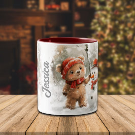 Aangepaste naam Teddy Bear and Snowman Tweekleurige Koffiemok