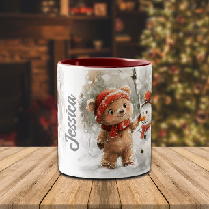 Aangepaste naam Teddy Bear and Snowman Tweekleurige Koffiemok
