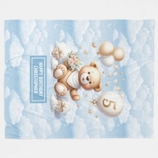 Aangepaste naam teddybeer deken voor 5e verjaardag (Voorkant (Horizontaal))
