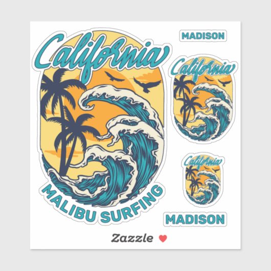 Aangepaste naam / tekst California Surfen Sticker (Vel)