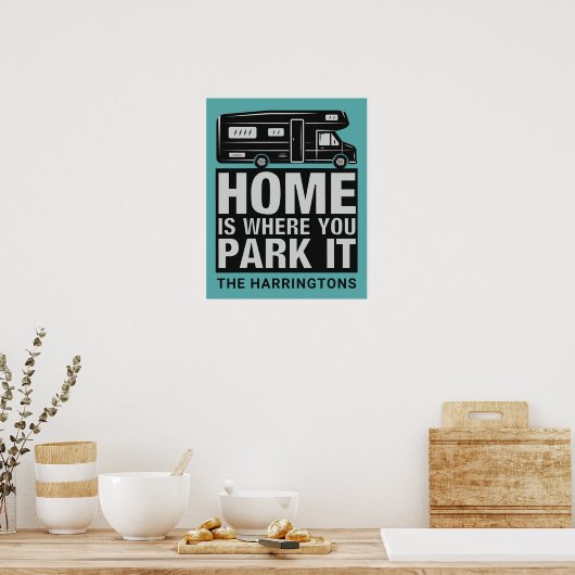 Aangepaste naam, tekst en kleur Camper Van poster (Keuken)