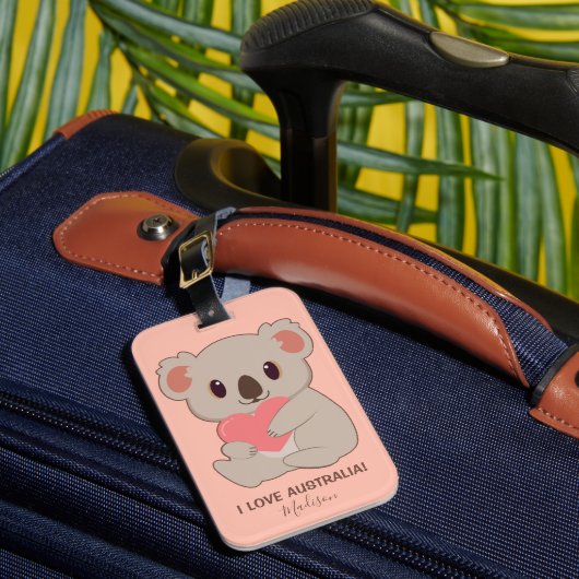 Aangepaste naam, tekst en kleurenliefde Koala Bagagelabel (Voorkant Insitu 1)