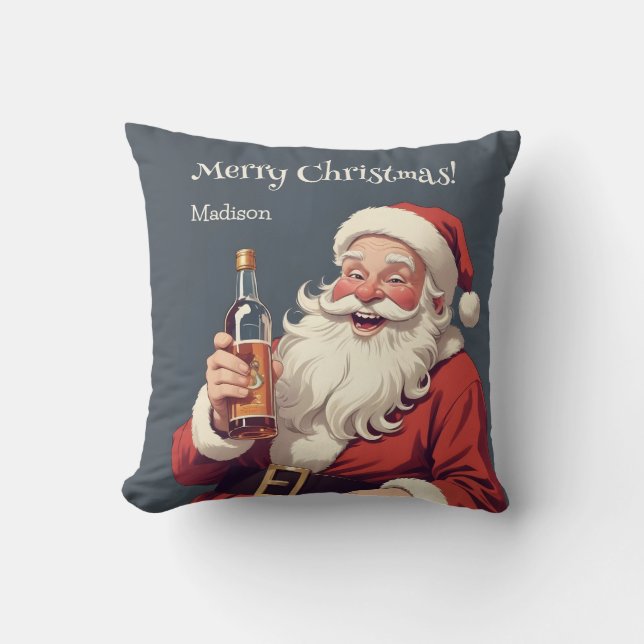 Aangepaste Naam & Tekst Grappig Drink Kerstman Kussen (Voorkant)