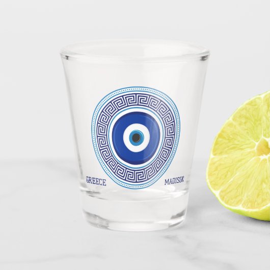 Aangepaste naam & tekst Grieks patroon Evil Eye Na Shot Glas (Voorkant)