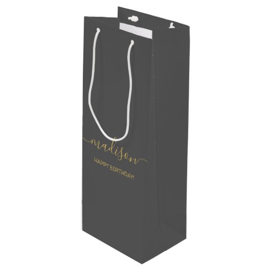 Aangepaste naam tekst groet chic goud script grijs wijn cadeautas (Voorkant Gekanteld)