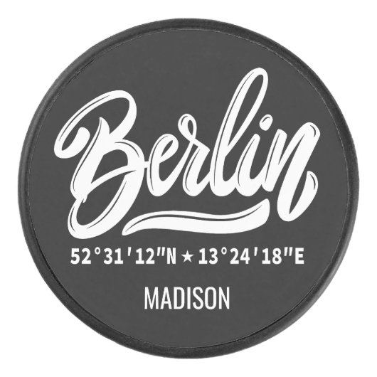 Aangepaste naam / tekst & kleur Berlijn Coördinate Hockey Puck (Voorkant)