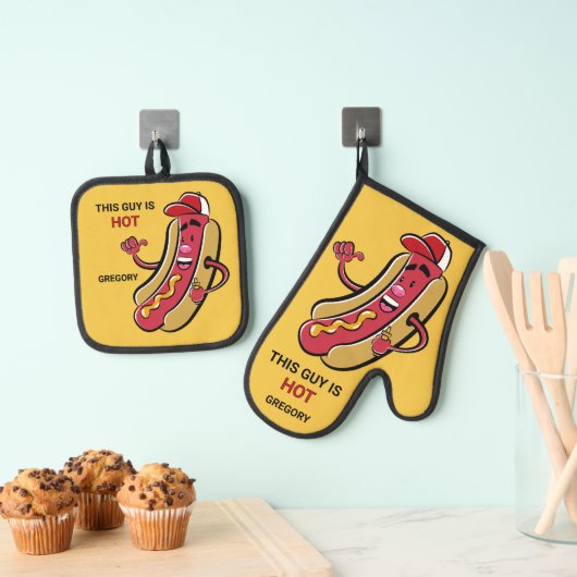 Aangepaste Naam, Tekst & Kleur Hot Dog Ovenwant & Pannenlap Set (Insitu(Ophanging))