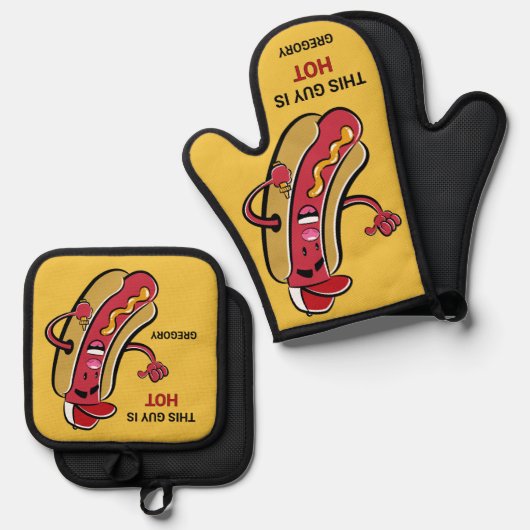 Aangepaste Naam, Tekst & Kleur Hot Dog Ovenwant & Pannenlap Set (Voorkant / Achterkant)