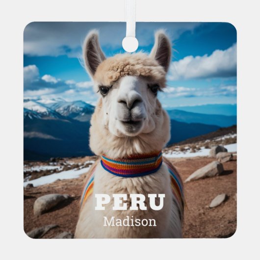 Aangepaste Naam & Tekst Peru Llama Metalen Ornament (Achterkant)