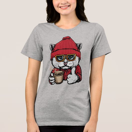 Aangepaste Naam / Tekst Schattigee Koffiekat Tri-Blend Shirt (Voorkant)