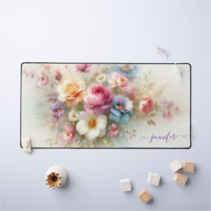 Aangepaste naam tekst waterverf aquarel bloemen bureaumat