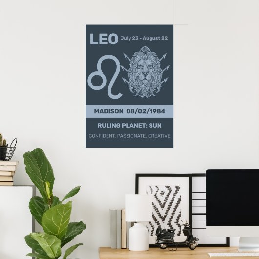 Aangepaste naam / tekst Zodiac Sign Leo Poster (Thuiskantoor)