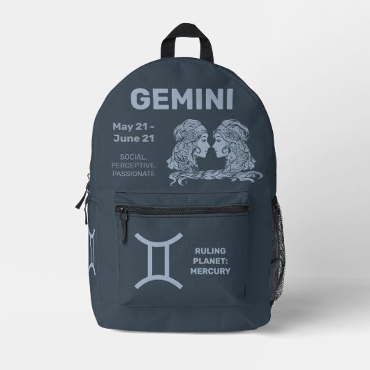 Aangepaste naam / tekst Zodiac Sign Tweelingen Bedrukte Rugzak (Voorkant)