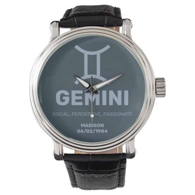 Aangepaste naam / tekst Zodiac Sign Tweelingen Horloge (Voorkant)