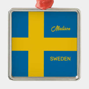 Aangepaste naam & tekst Zweedse vlag Metalen Ornament